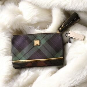 Dooney & Bourke Tartan Navy/Green Plaid Clutch Wristlet w/Tassel & Red Interior